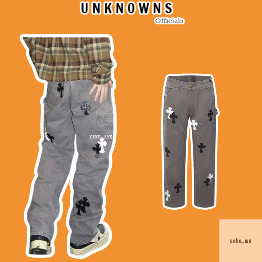 [กระจกนกกระทา] -Chr0me Heart Double Knee Carpenter Jean - สีเทา,หนาคุณภาพสูง unisex CH กางเกงยีนส์