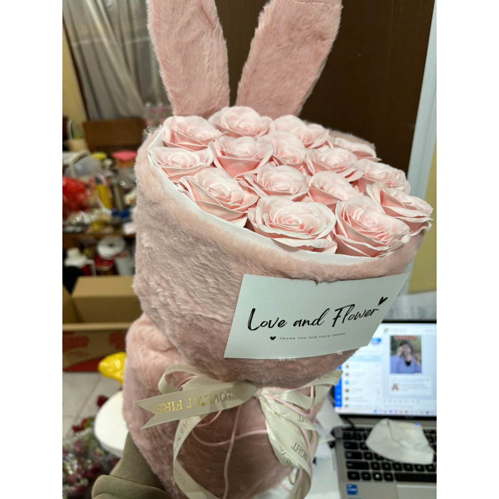Extremely CUTE BUNNY WAX FLOWER BOUQUET - ITEM