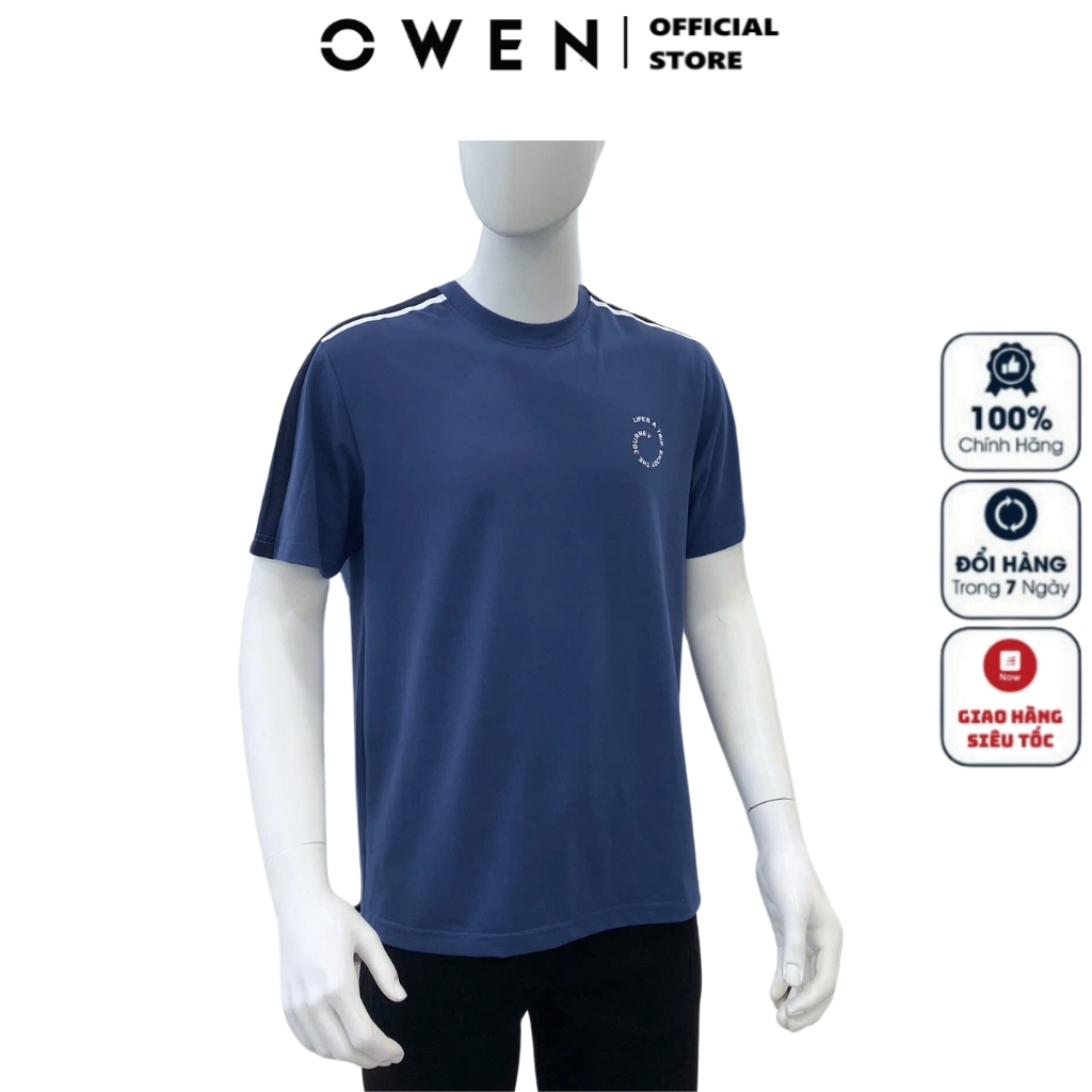 OWEN TSN เสื้อยืดคอกลมแขนสั้นผู้ชาย253668 เสื้อยืดผู้ชาย สีฟ้า ผ้าคอตตอน นิ่ม ทรงร่างกาย เสื้อยืด