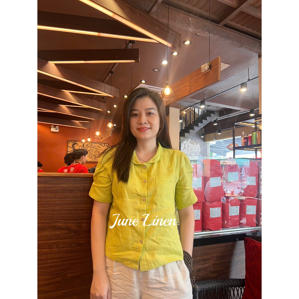 [JUNE LINEN] A26-Stand ปกบัว แขนจับจีบ เสื้อครอป ผ้าลินินแท้. หลากสี