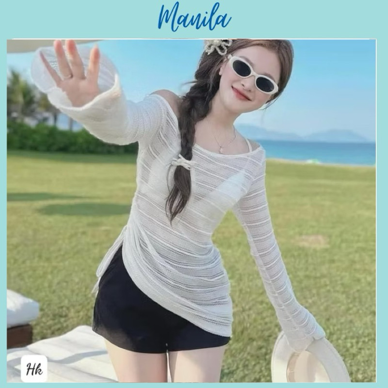 (SG express) ชุดชายหาดบิกินี่ WHITE LONG OFF SHOULDER DRESS TD + 2S WHITE BRA + MANILA BLACK SHORT