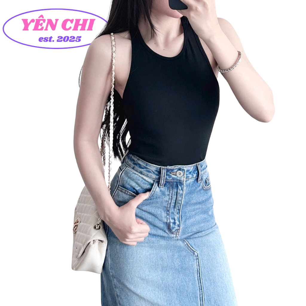 YEN CHI เสื้อกล้ามตัวยาวเข้ารูปที่แบนเป็นพิเศษเสื้อเชิ้ตผู้หญิงสีทึบพื้นฐานอ่อนเยาว์เซ็กซี่และสไตล์ส