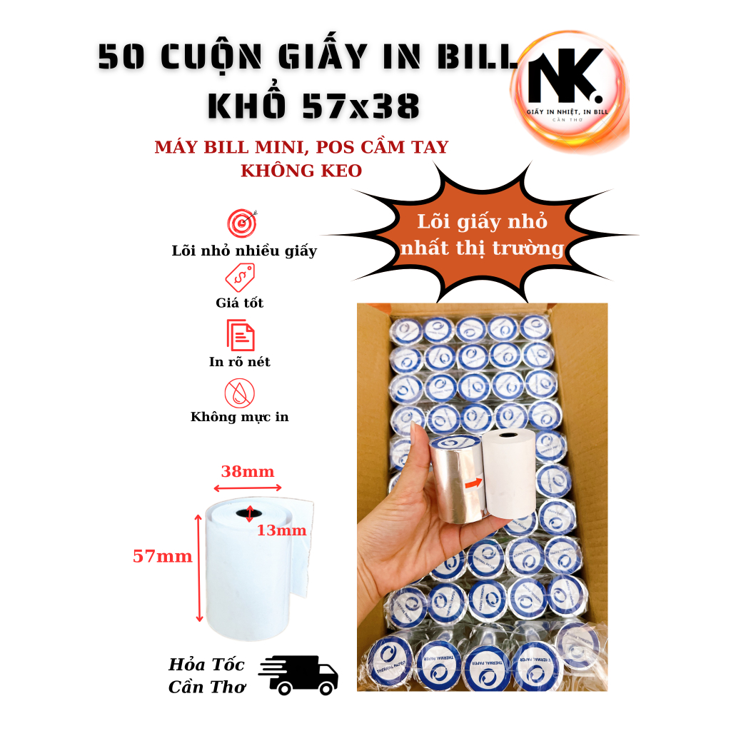 Combo กระดาษพิมพ์ความร้อน K57x38 50 ม้วน พร้อมไมโครคอร์ Mini Bill Printing ขนาด 57, 57x38mm (ไม่รวมก