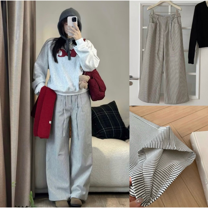 ( สินค้ามาตรฐาน WG.WE ) กางเกงขายาวลายทางขากว้างพร้อมเข็มขัด WG