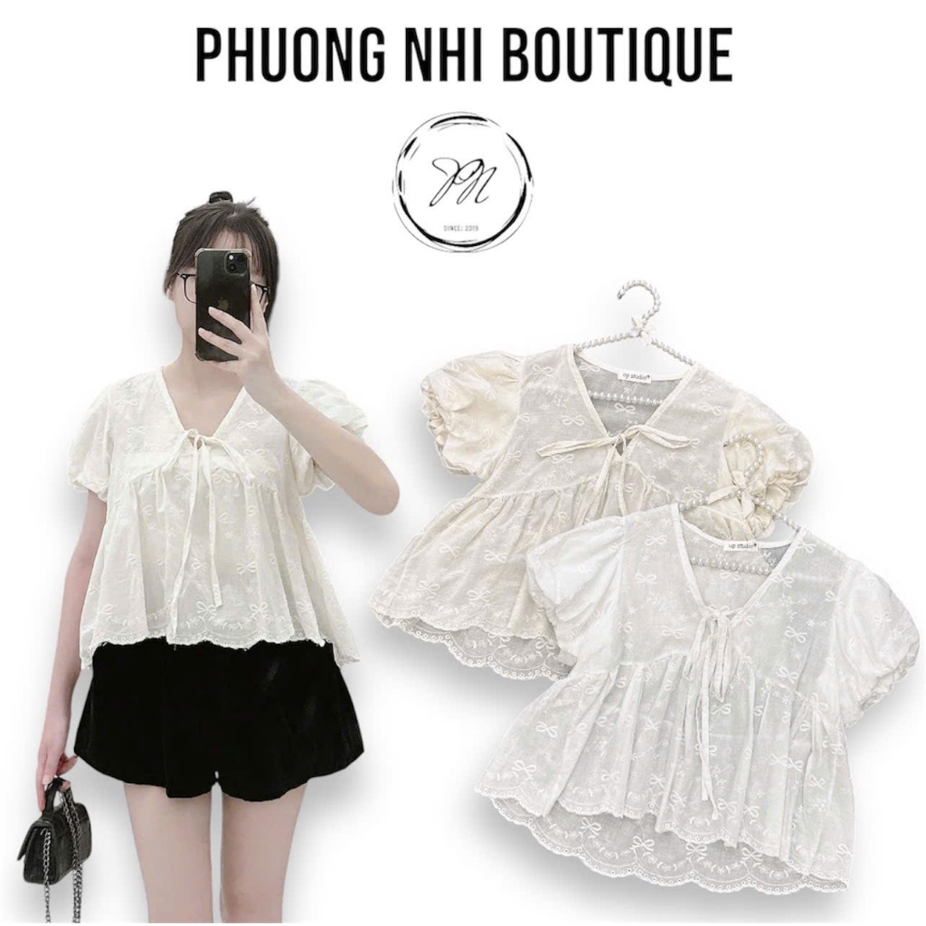 A78 - BABYDOLL SHIRT WITH Puff SLEEVES, HEART COLLAR, EMBROIDERED BOW