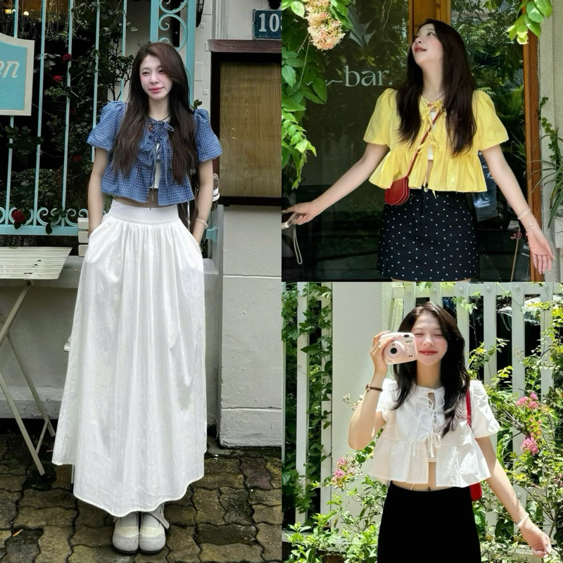 (COMES WITH A BRACELET) CANDY TOP babydoll เสื้อครอปสั้น แขนพอง ผูกโบว์