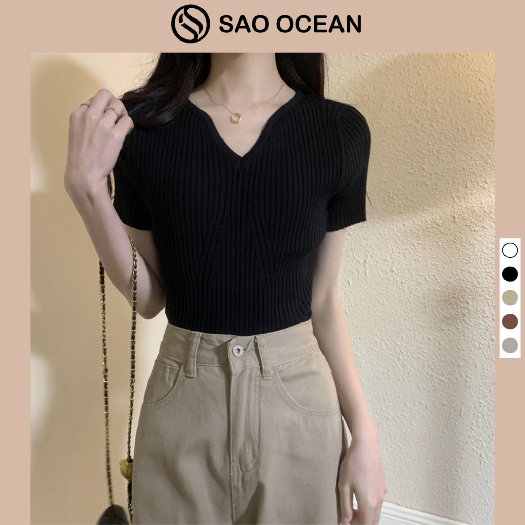 Sao Ocean wave คอเต่า bodycon เสื้อขนสัตว์ถักคุณภาพสูงแขนสั้นผู้หญิง mongtoghi เสื้อ LTS35