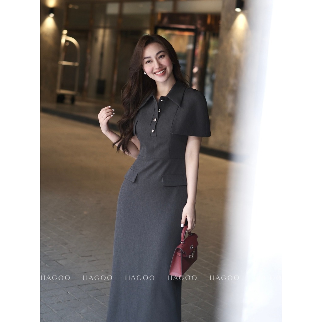 HAGOO เดรสปาดไหล่กระดุมทองแดง size S [V557]