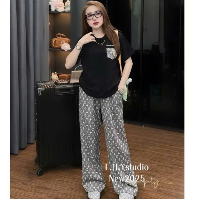 LV เลเวล ชุดเสื้อผ้าผู้หญิงสุดหรู, ชุดใส่อยู่บ้านผู้หญิง, ชุดกางเกงขายาวคอปกโซ่แท้, เทรนด์มาแรง ลินh