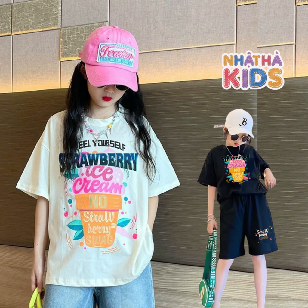 เสื้อยืดเด็กผู้หญิงไซส์ใหญ่ 14 - 45กก. E8 Nhat Ha Kids ผ้าคอตตอนยืด 4 ทาง สําหรับเด็ก ออกไปข้างนอก แ