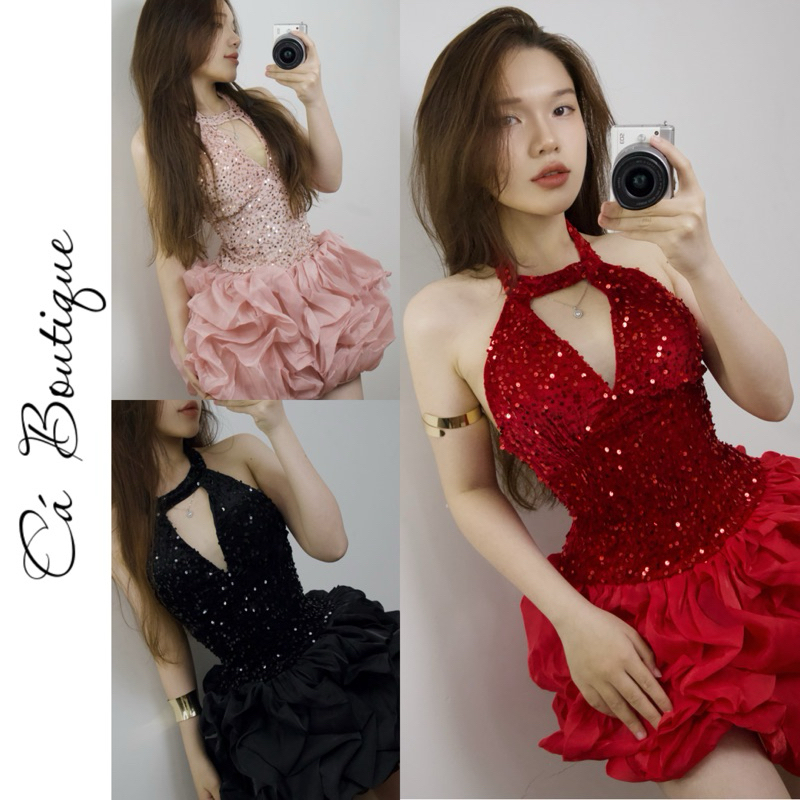SA [รูปถ่ายต้นฉบับ] เดรสปาร์ตี้ "MULTIPLE COLORS" พร้อมลูกปัดกลิตเตอร์ คล้องคอ แบบสั้น เลื่อม WITH PADDING