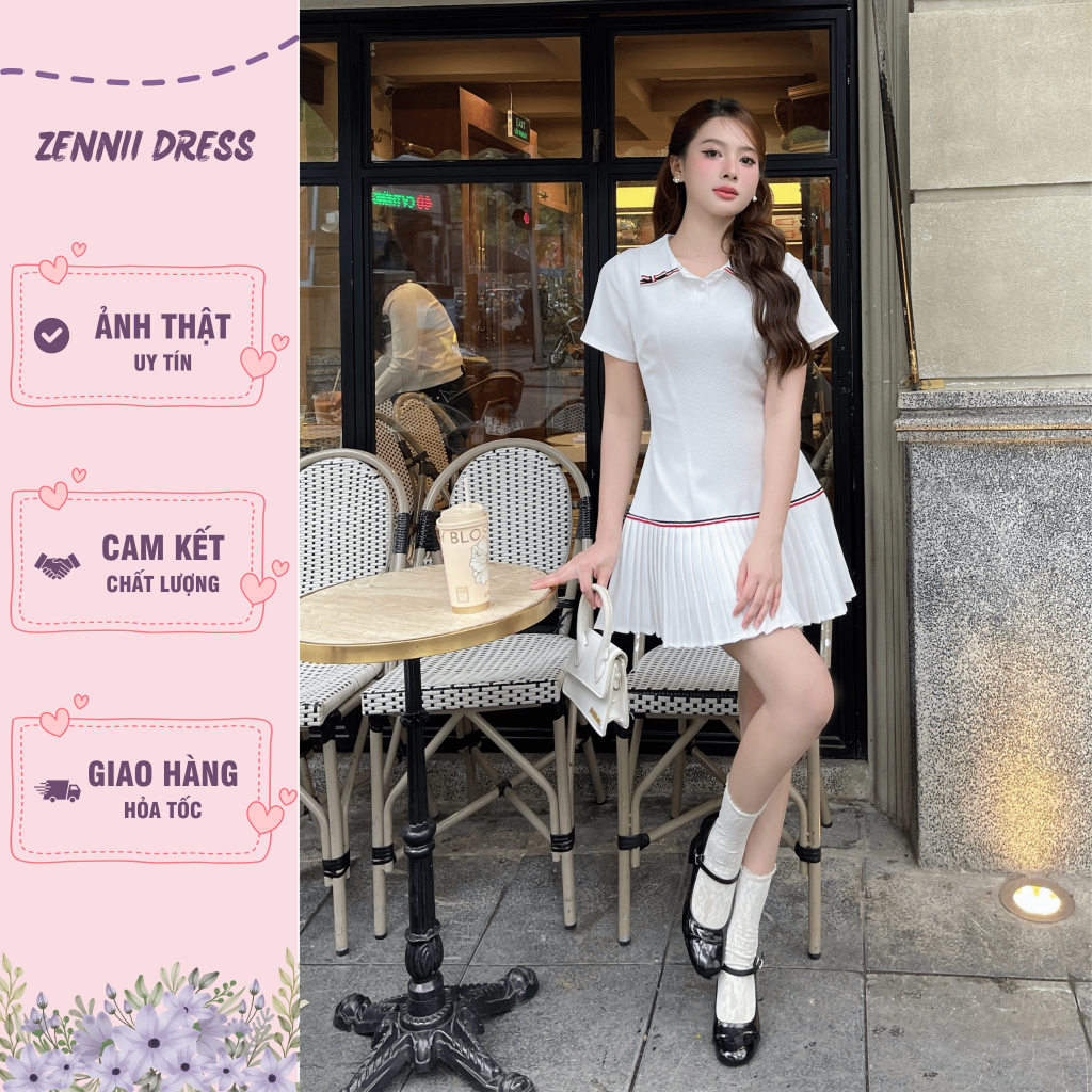 ZENNII Dress - เดรสคอโปโลสีขาวจีบเล็กพร้อม Ria Dress