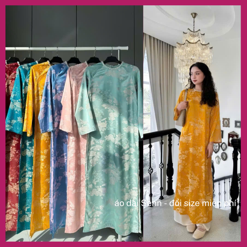 Modern Lien Hoa ตรง ao dai พร้อมคอปกประดับมุก - Straight Ao Dai