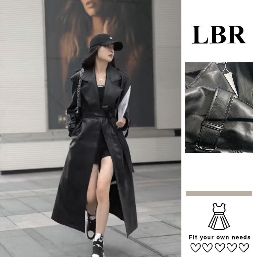 เสื้อคลุมหนังสีดําพร้อมเข็มขัด LBR