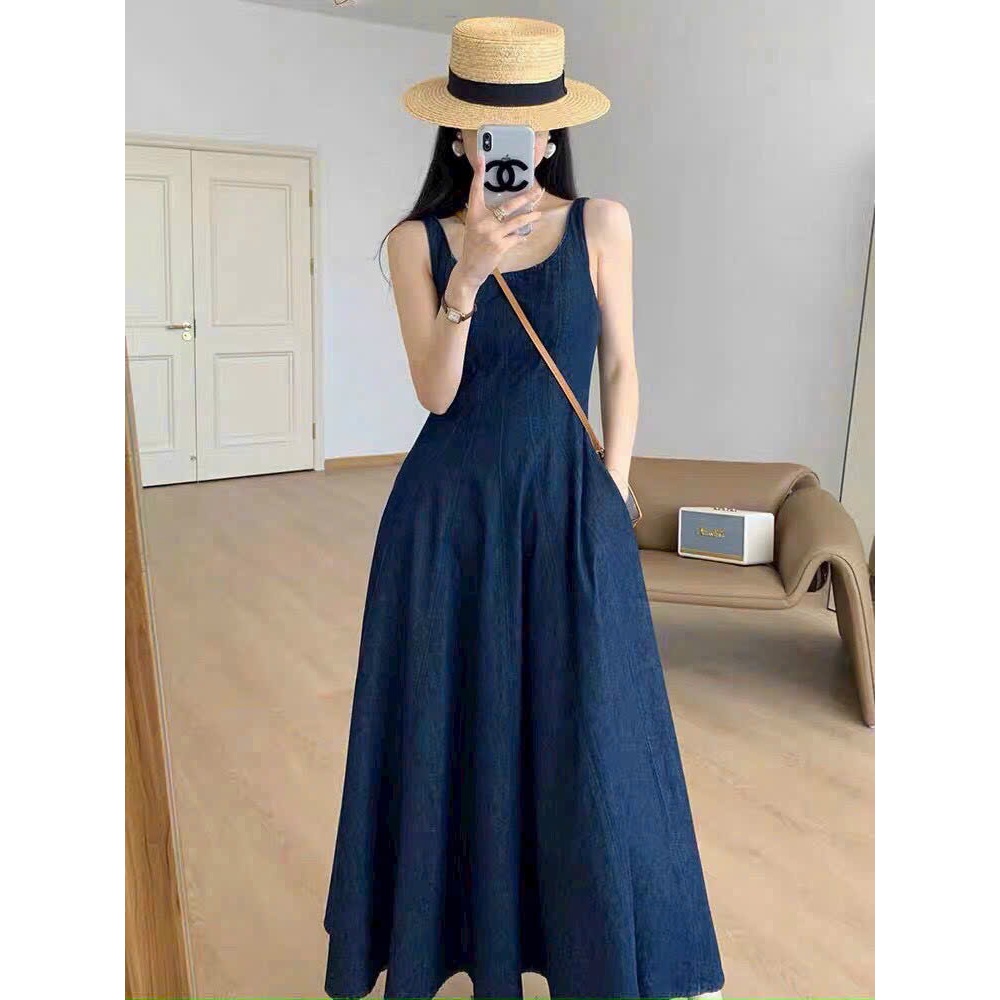 ⋆. ̊ LONG FLAWED FORM 2-Strap KNIT JEAN DRESS - BASIC SP JEAN DRESS021008 โรงกลั่น