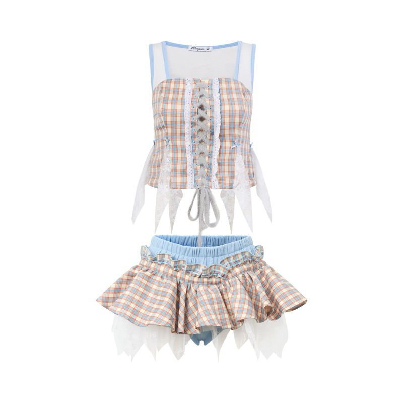 Mangata ชุดลายสก๊อตสีฟ้าส้มแบบไดนามิกพร้อมลูกไม้ (VENTY SET)