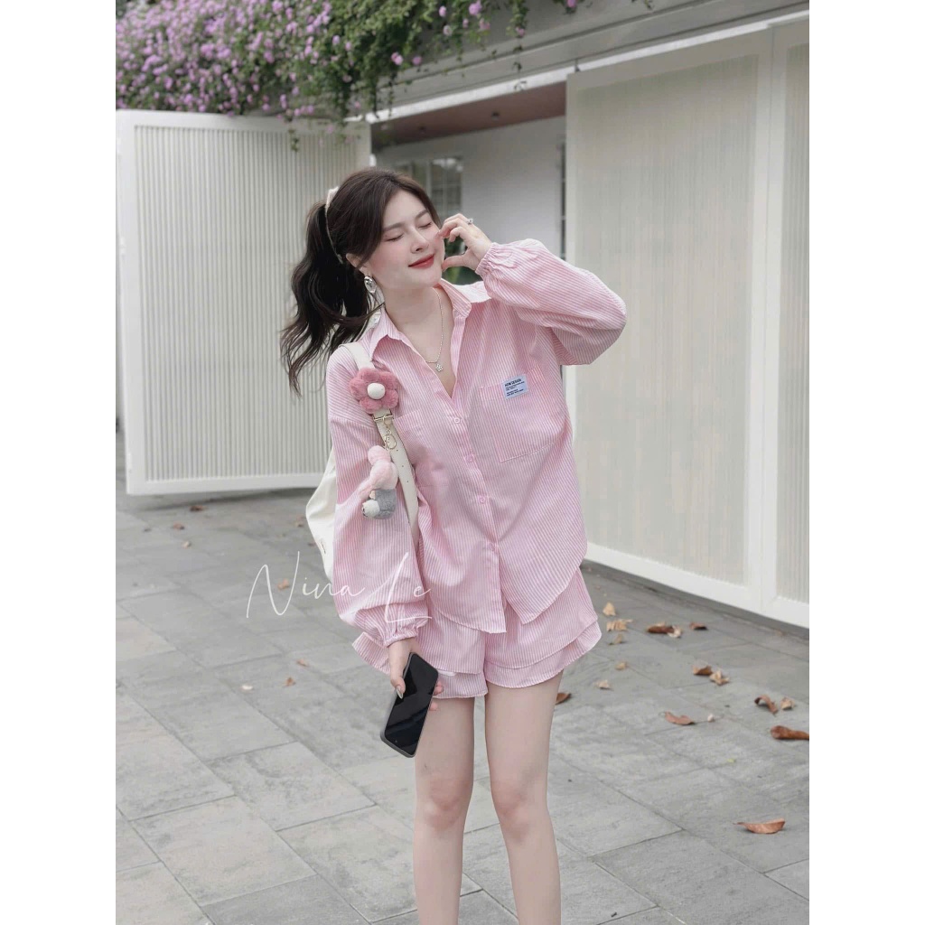 ผ้าไหมลายทางสีชมพู เซตโทนสีน่ารัก เสื้อแขนยาว และกางเกงขาสั้น 2 ชั้น แบบไดนามิก สําหรับสาวน่ารัก ออกไปข้างนอก