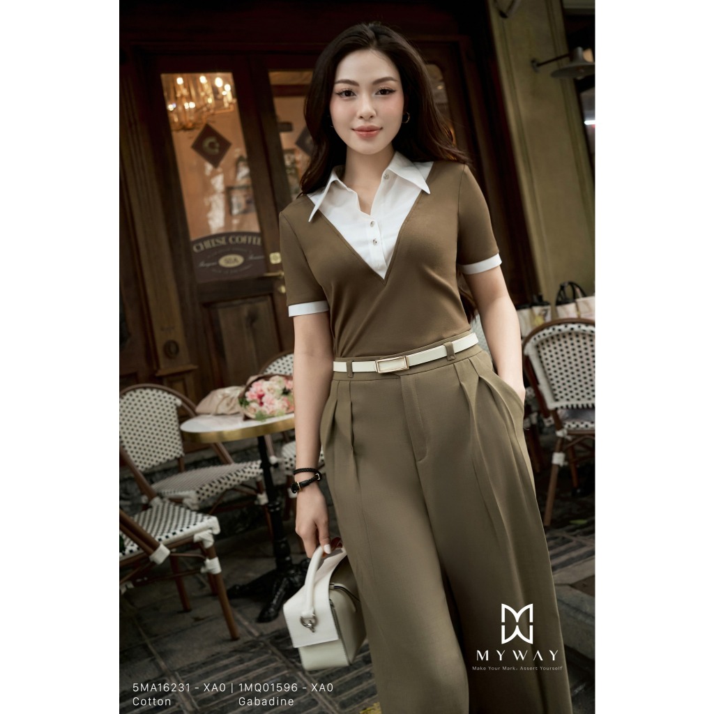 MY WAY เสื้อยืดผู้หญิงคอปกเยอรมันผ้าฝ้ายแขนสั้น Elegant Hem 5MA16231