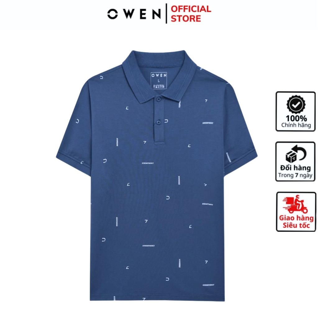 OWEN APV เสื้อโปโลแขนสั้น253641 เสื้อยืดคอปกเปิดลงสีน้ําเงินสําหรับผู้ชายผ้าฝ้ายพิมพ์ลายผ้าฝ้ายนุ่มค