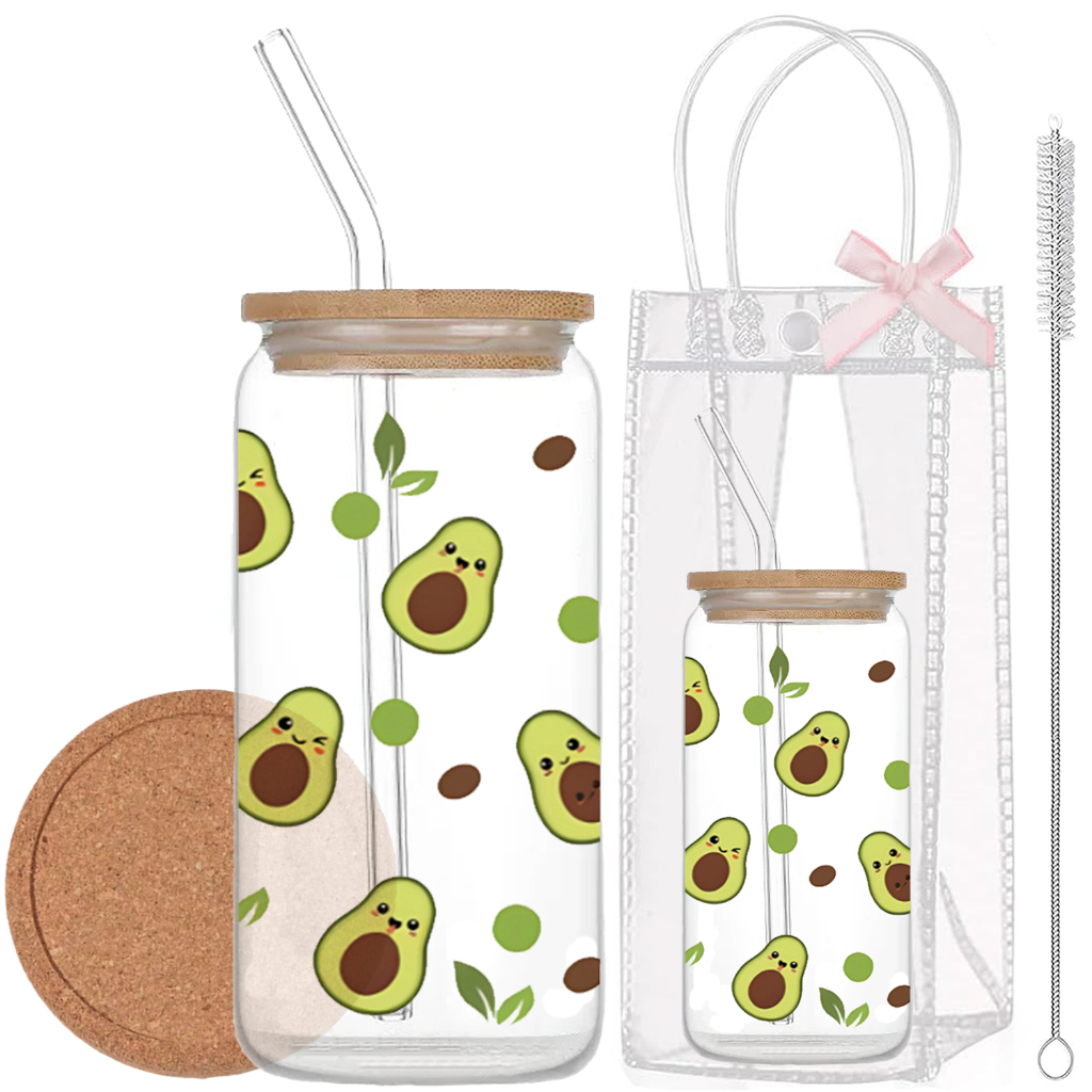 ถ้วยแก้วอะโวคาโดสีเขียว 500มล ถ้วยแก้วทนความร้อน 16ออนซ์ พร้อมอุปกรณ์ ของขวัญวันเกิด