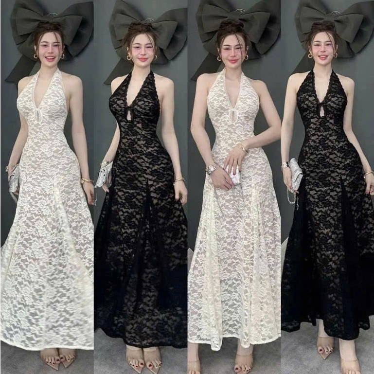 เดรสยาว-เดรสดีไซน์สุดหรูให้เข้ากับหุ่นให้ปาร์ตี้สวยมาก 2 สี แม็กซี่เดรสคล้องคอลูกไม้บานยาว