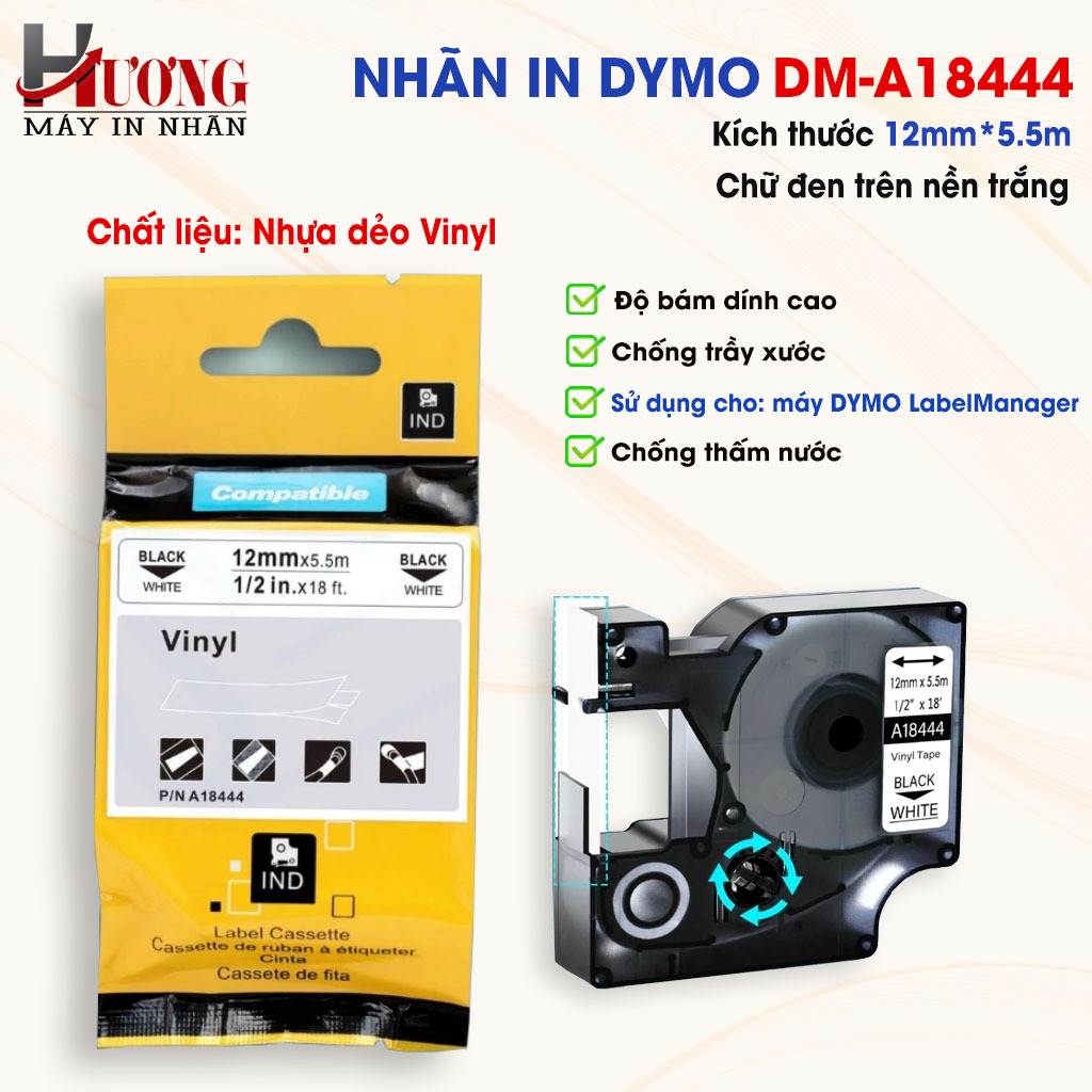 ป้าย D1 DM-A18444 I 12 มม.ตัวอักษรสีดําพื้นหลังสีขาว I SD สําหรับ Dymo 160/210D/280/360D/420P/500TS/