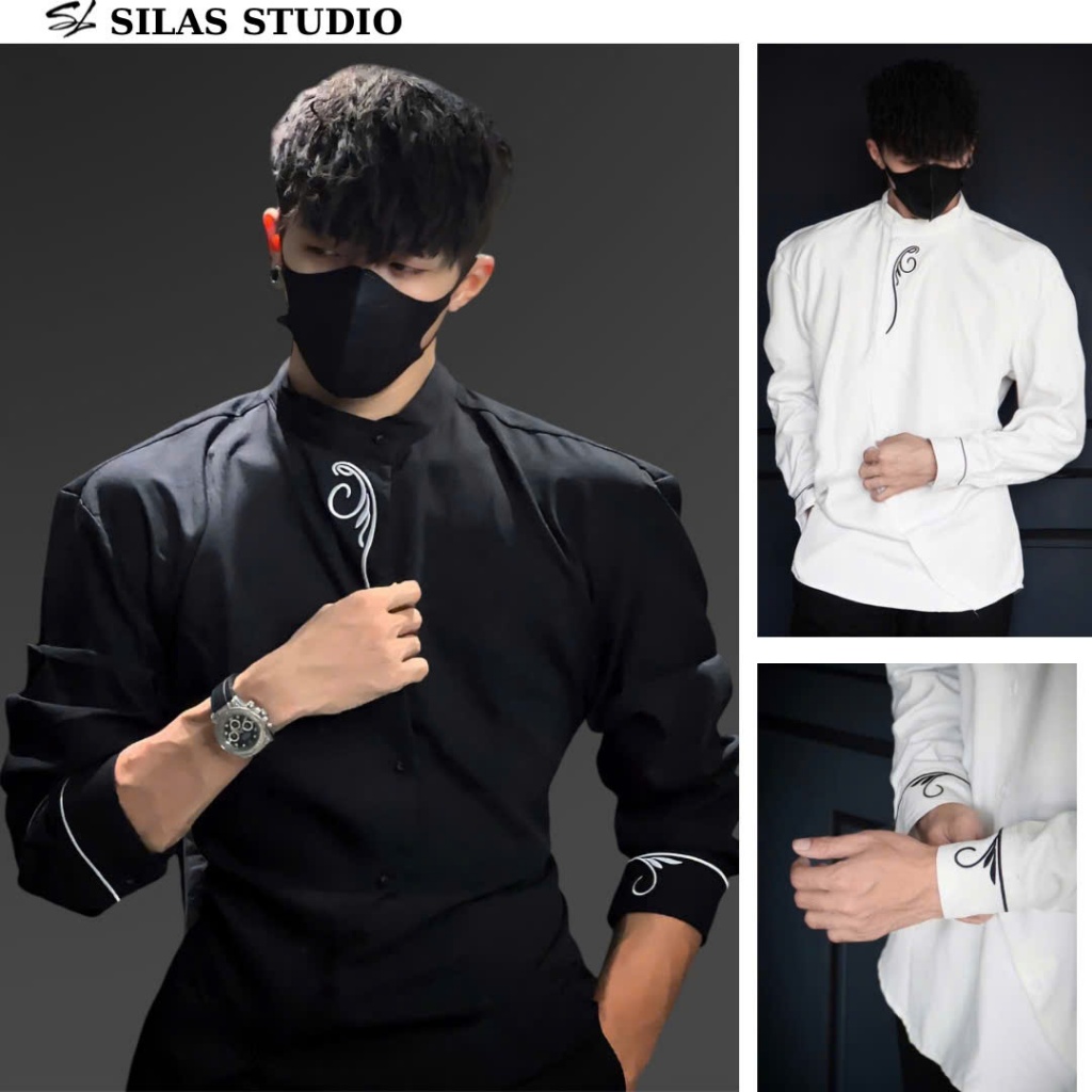 (New Arrival) S1 เสื้อเชิ้ตผู้ชายปกคอเต่าแขนยาวปักลาย Manset cotton cross-shoulder - ASL14