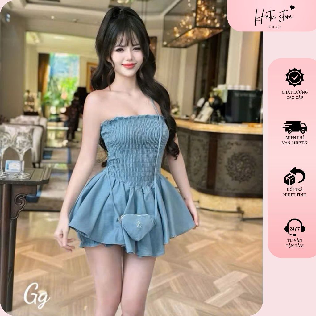 กระโปรงยีนส์ผู้หญิงเอวยางยืดและกระเป๋าบาน ladylike น่ารักพร้อมกางเกงขาสั้น H68