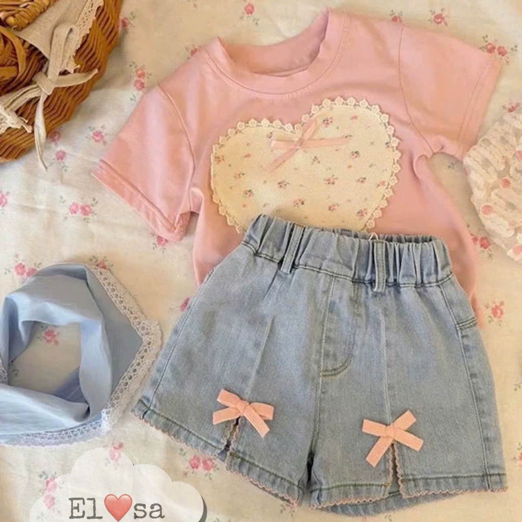เสื้อผ้าเด็กผู้หญิง - ชุดเสื้อหัวใจสีชมพูสุดน่ารักและกางเกงยีนส์ BOWN สําหรับเด็ก 1-5 ปี