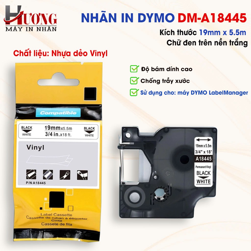 ป้าย D1 DM-A18445 I 19 มม.ตัวอักษรสีดําพื้นหลังสีขาว I SD สําหรับ Dymo 160/210D/280/360D/420P/500TS/