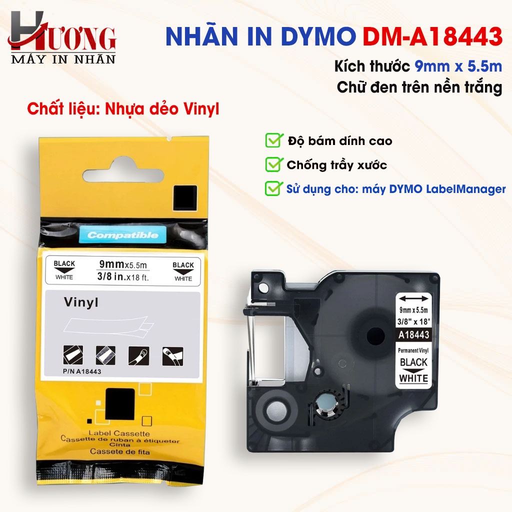 ป้าย D1 DM-A18443 I 9 มม.ตัวอักษรสีดําพื้นหลังสีขาว I SD สําหรับ Dymo 160/210D/280/360D/420P/500TS/6