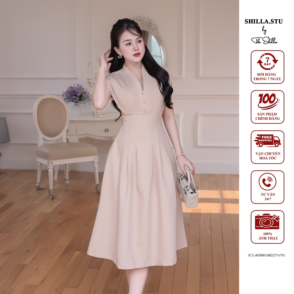ชุดเดรสดีไซน์เนอร์ระดับไฮเอนด์สีครีมหน้าอกจับจีบหรูหรา [รูปถ่ายจริง] The Shilla-SCG.A51B80.68D2.TI.V