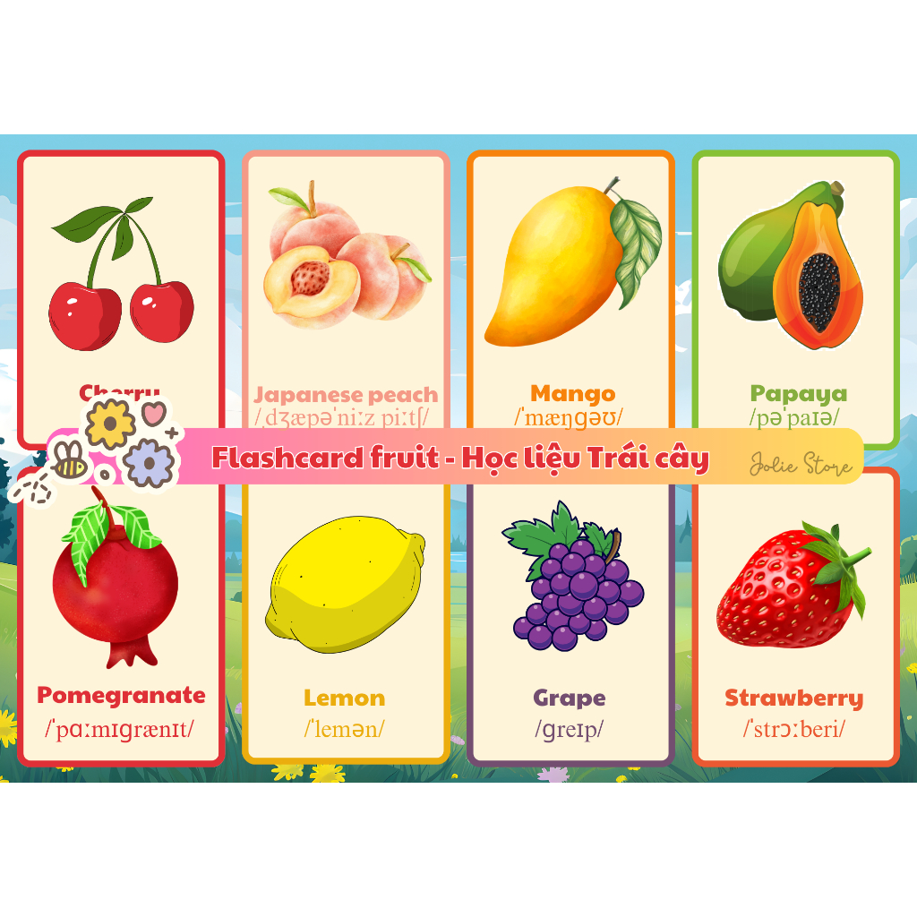 56 VOCABULARY Fruit Flashcards - การ์ดการเรียนรู้อัจฉริยะ 28 ใบ - วัสดุการเรียนรู้สําหรับเด็ก - Joli