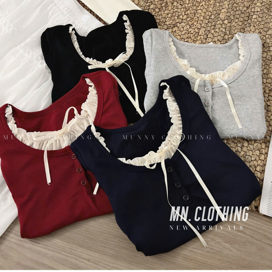 YES BIGSIZE - MUNNY CLOTHING เสื้อยืดลูกไม้ผู้หญิงผูกโบว์เสื้อเชิ้ตผู้หญิงแขนกุดคอกลมเท่ๆ - CROPTOP 