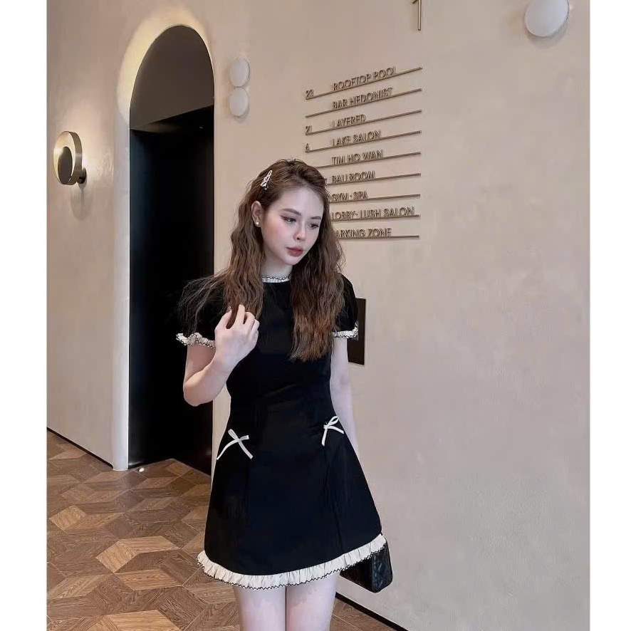 ชุดเดรสคอระบายผู้หญิงมีโบว์อ่อนโยนและเป็นผู้หญิงที่จะสวมใส่ออกไปและเกี่ยวกับวันที่ (3795)