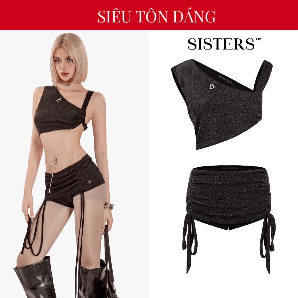 น้องสาว เสื้อครอปสีเมทาลิคและกระโปรงสั้น ชุดเซ็ทดีไซน์เชือกผูกและกางเกงบอดี้โลโก้สแตนเลส โบนิ | SS-S50-C