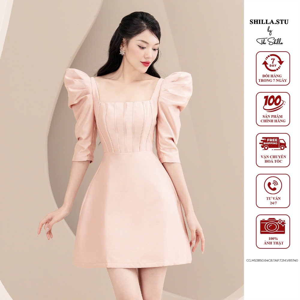 ชุดเดรสดีไซน์เนอร์ระดับไฮเอนด์สีชมพูหรูหราแขนพัฟและคอเหลี่ยม [รูปถ่ายจริง] The Shilla-CG.H53B50.64C8