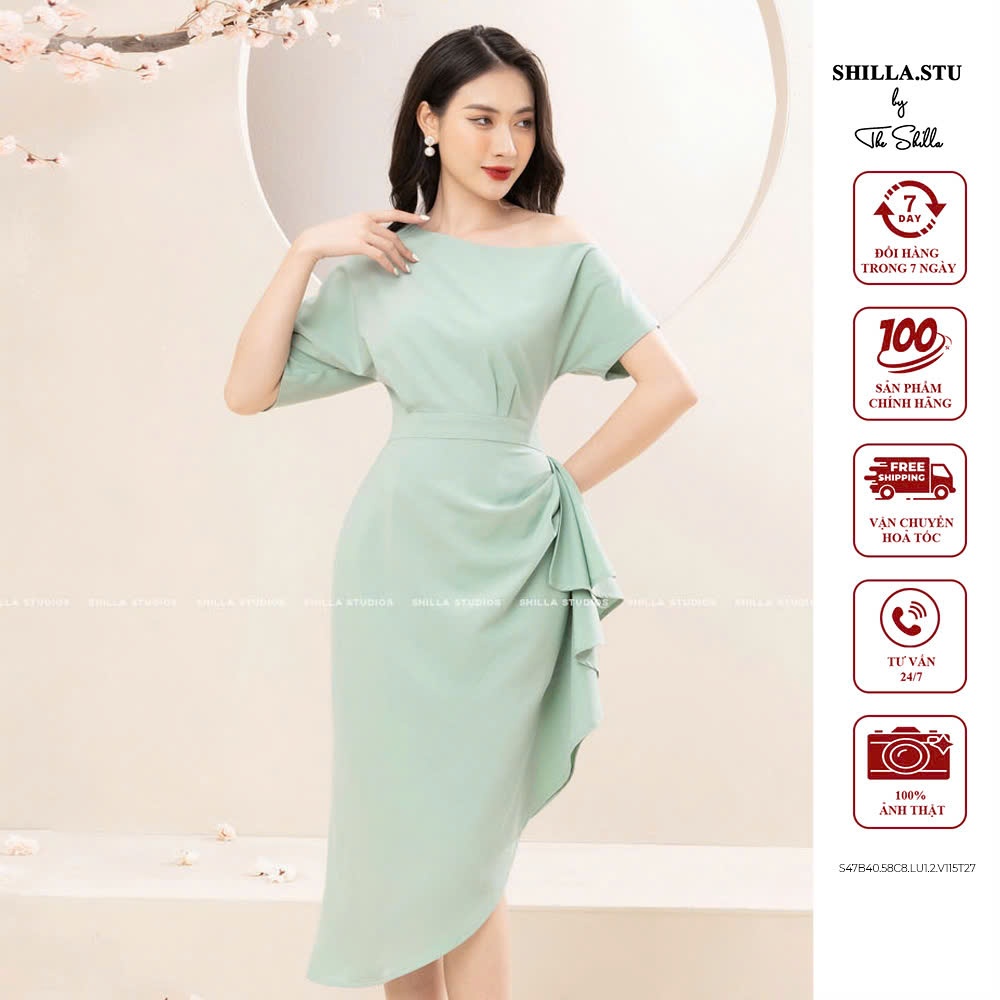 เดรสดีไซน์เนอร์ระดับไฮเอนด์สีน้ําเงินหรูหราเอวจับจีบ [มีวิดีโอ + ภาพถ่ายจริง] The Shilla- S47B40.58C