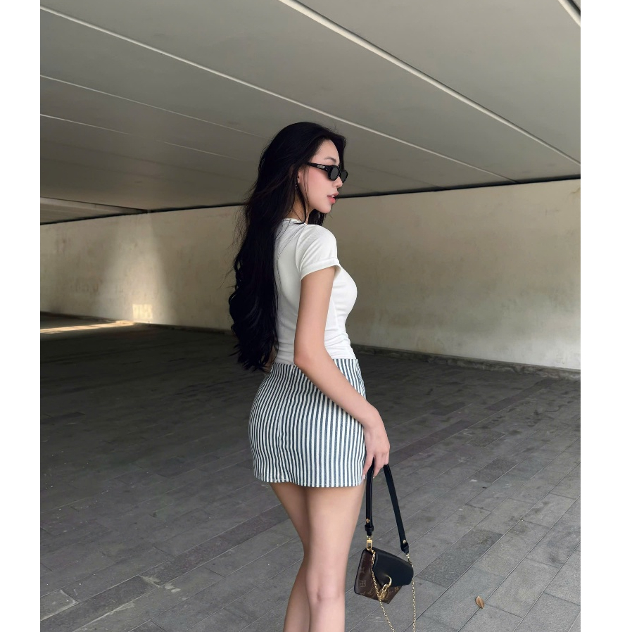 HHVINTAGE กระโปรงยีนส์สตรีลายทางเอวต่ําผ้ายีนส์ยืด V05 (มีซับในกางเกง) - รูปที่ 3