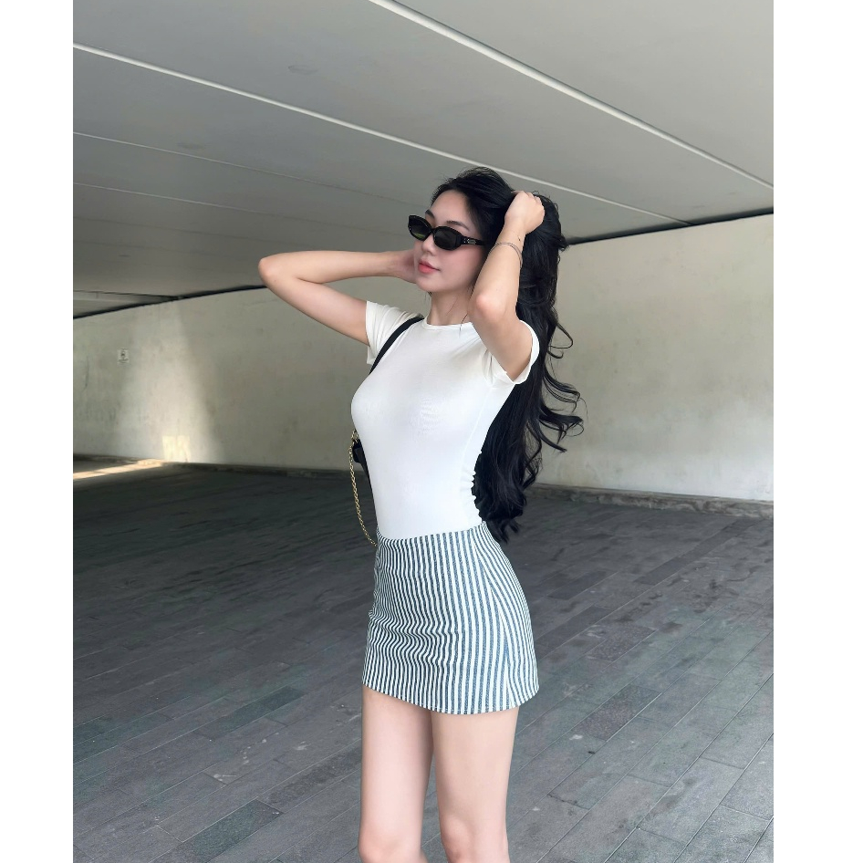 HHVINTAGE กระโปรงยีนส์สตรีลายทางเอวต่ําผ้ายีนส์ยืด V05 (มีซับในกางเกง) - รูปที่ 4