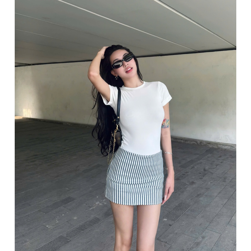 HHVINTAGE กระโปรงยีนส์สตรีลายทางเอวต่ําผ้ายีนส์ยืด V05 (มีซับในกางเกง)