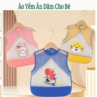 Áo Yếm Ăn Dặm cho bé cộc tay, Tạp Dề Cộc Tay Ăn Dặm Cho Bé Có Máng, Chống Thấm, Dễ Dàng Vệ Sinh