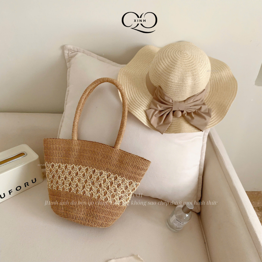 Combo Straw Bag Beach Fashion Straw Hat With Bow For Elegant Fashion Women T04M08 QO XINH