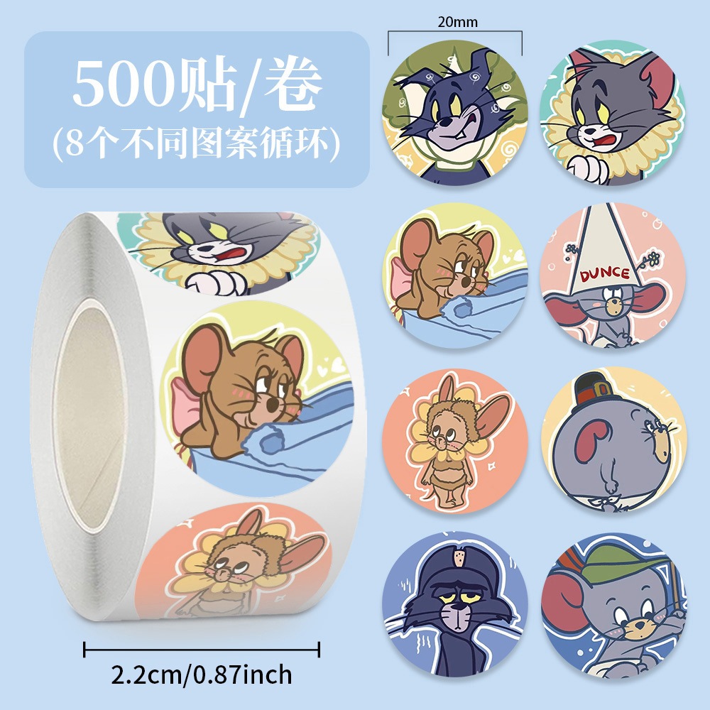 ม้วนสติ๊กเกอร์ Cute Tom and Jerry Meme 500 แบบซ้ําได้ 8 แบบ ขนาด 2.5 ซม