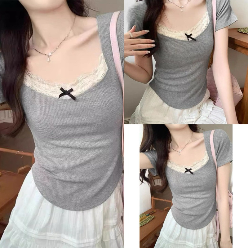 Baby tee shirt baby tee shirt โบว์ลูกไม้แฟชั่นเกาหลี