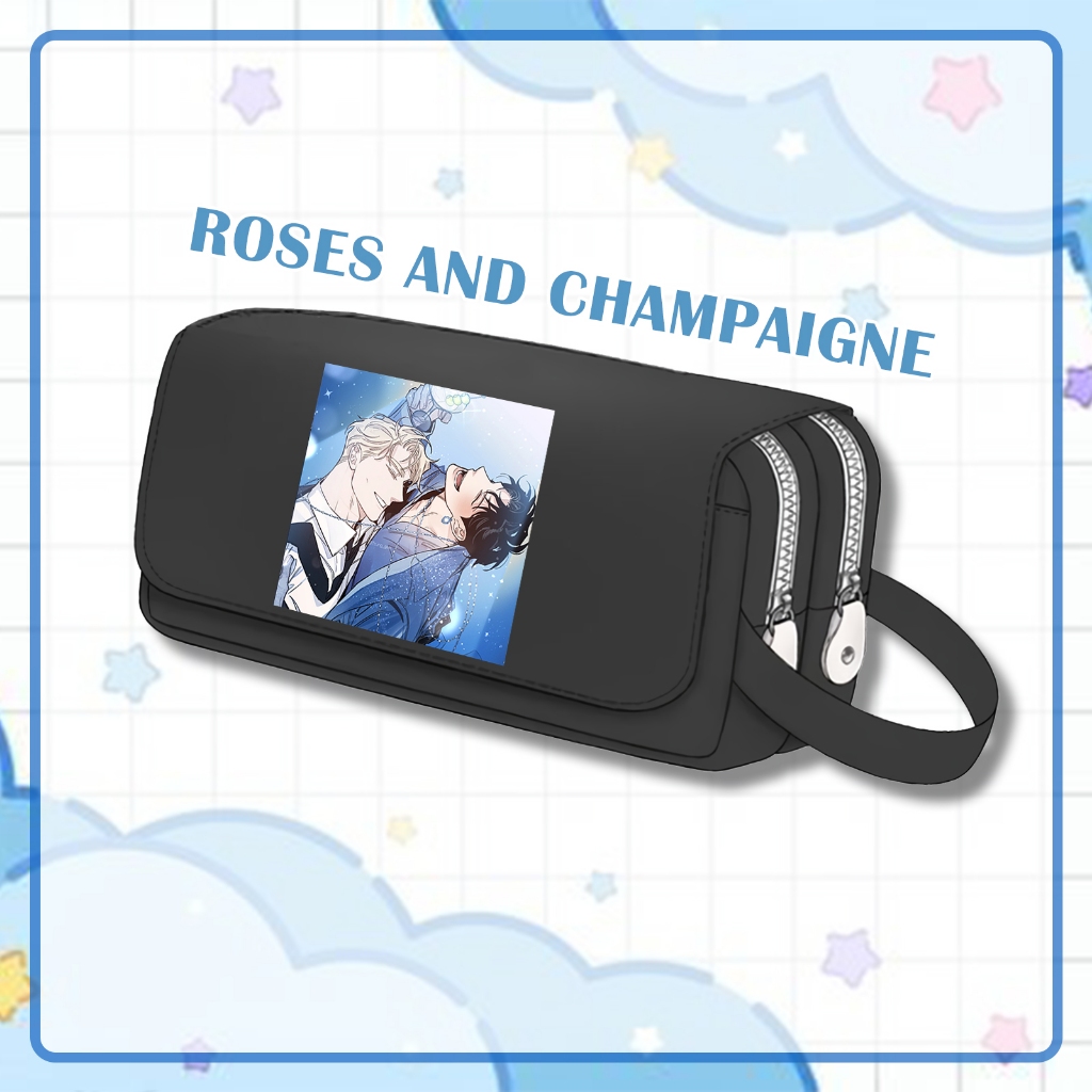 (ฟรี HOLOGRAM PEN BOX) กล่องปากกาซิปผ้าใบสีขาวพิมพ์ลาย ROSES AND CHAMPAGNE ROSES AND Wine manhwa BL