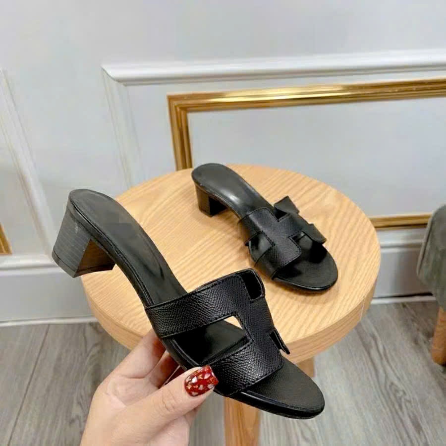 H-SHAPED LEATHER HAND-SANDAL SLIPPERS 5CM HIGH HEELS ทุกสี (5CM)