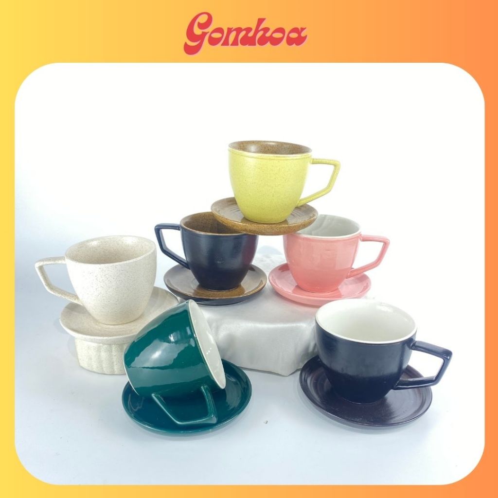 Flower Ceramic - 400ml Coffee Cup with Premium Bat Trang Ceramic Saucer - Ceramic Coffee Cup.