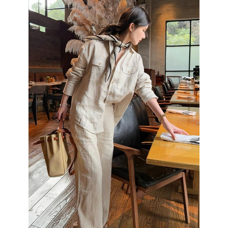 LINEN SET เสื้อพร้อมกางเกง BOX POCKET MIX SUPER LUXURY LONG WIDE-LET TROUSERS ELEGANT สไตล์เกาหลีขนาดเต็ม