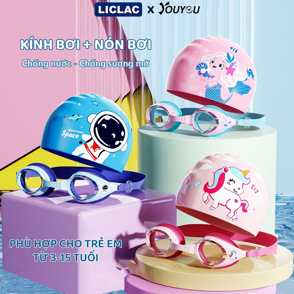 แว่นตาว่ายน้ํา COMBO + Youyou หมวกว่ายน้ํากันน้ําลายการ์ตูนสําหรับเด็กชายและเด็กหญิง KB61311+NB71360